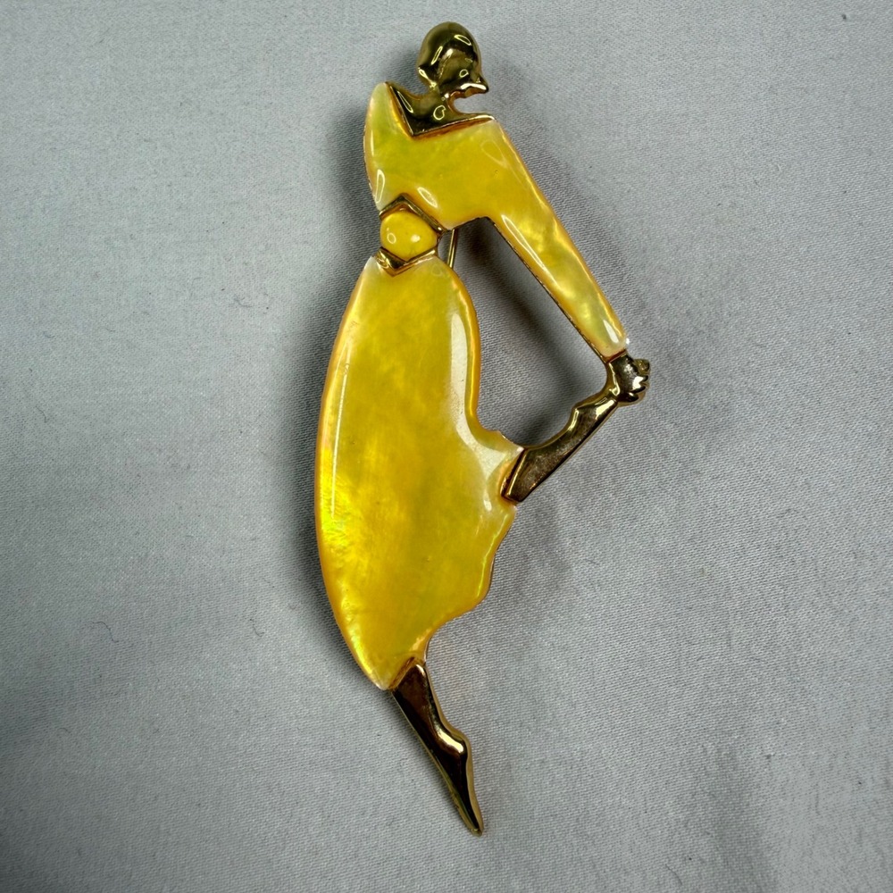 Vintage Park Lane Art Deco Dancer Brooch Yellow Marbled Resin Gold Tone Pin